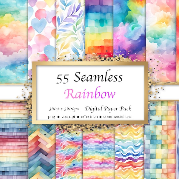 55 Rainbow Digital Paper - seamless background, watercolor rainbow patterns, seamless pattern, instant download for commercial use