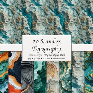 20 motif de topographie sans couture, paquet de papier numérique, chaînes de montagnes, paysage, nature, cartes, téléchargement immédiat pour usage commercial