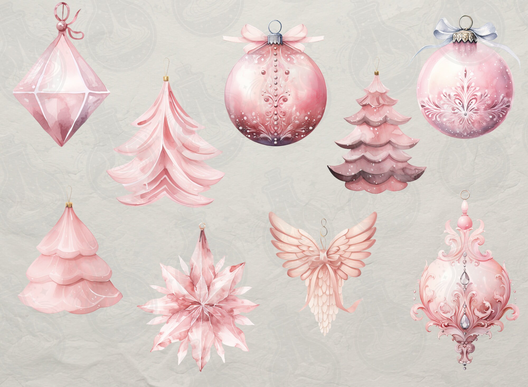 40 Watercolor Pink Christmas Tree Ornaments Clipart, Elegant Holiday ...