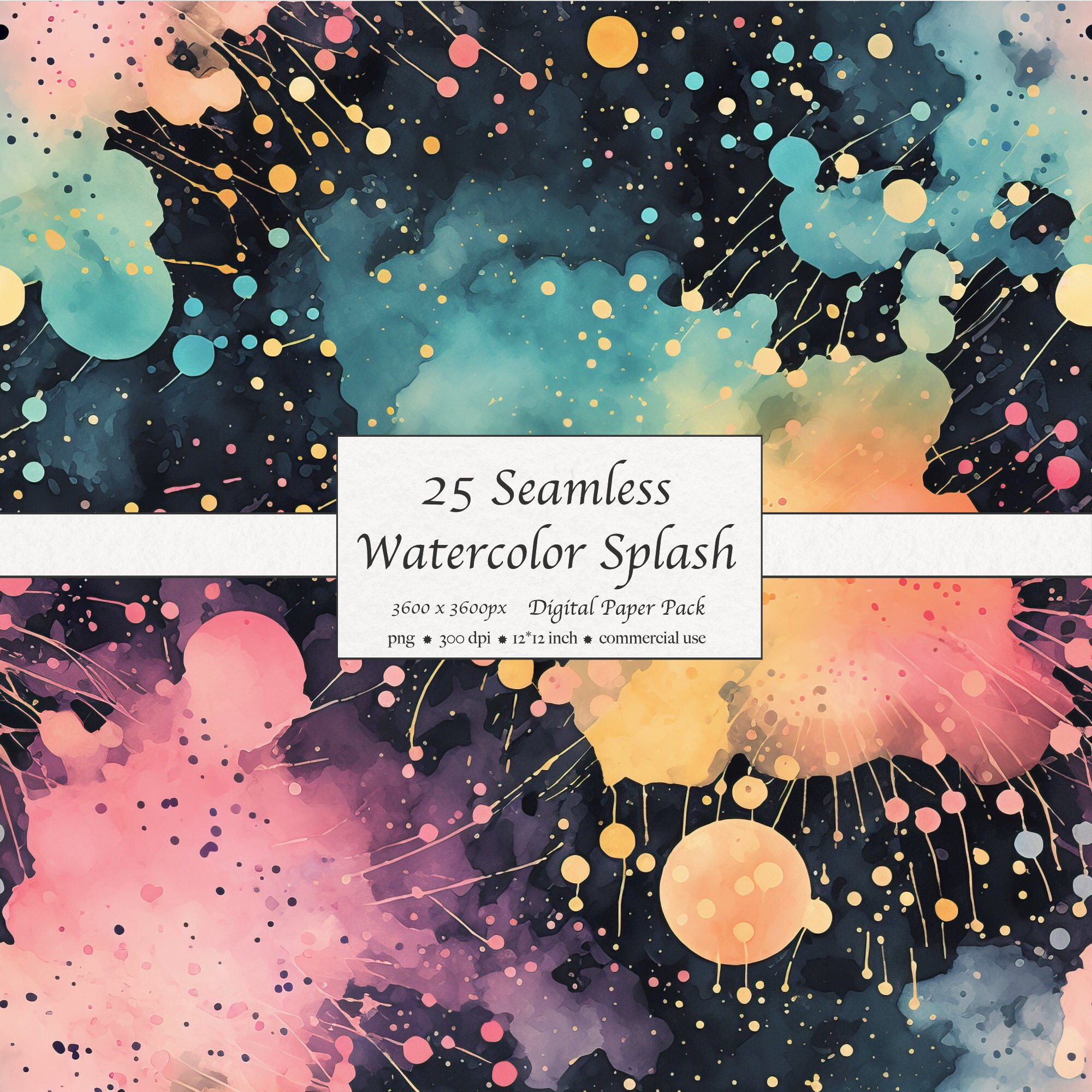 25 Seamless Watercolor Splash Pattern, Digital Paper Pack, Dark ...