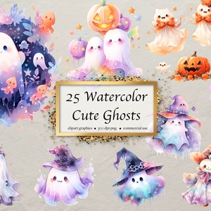 Watercolor Cute Ghosts Clipart Bundle of 25, Spooky, Halloween, Witch, Pirate, high resolution PNG graphics digital download, commercial use