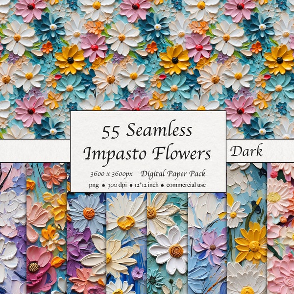 55 Modèle de fleurs d’impasto sans couture, pack de papier numérique, texture, abstrait, couteau à palette, décor moderne, téléchargement instantané pour un usage commercial