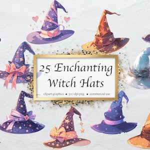 Cute Witch Hats Clipart Bundle of 25, Halloween, Cartoon style hats, Witches, high resolution PNG graphics digital download, commercial use