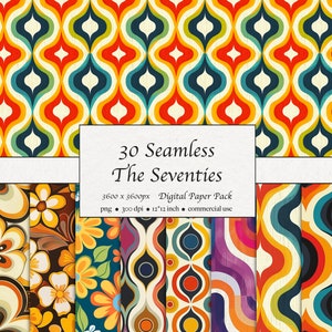 Modello da 30 anni Settanta senza soluzione di continuità, pacchetto di carta digitale, anni ’70, carta da parati, vintage, flower power, Groovy, retrò, download istantaneo per uso commerciale