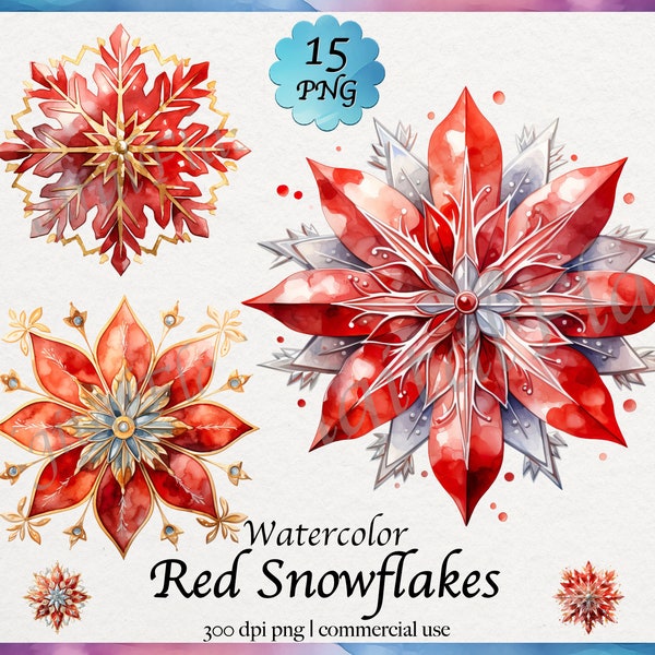 15 Watercolor Red Snowflakes Clipart, winter wonderland, holiday decor, Christmas snow, PNG graphics digital download, commercial use