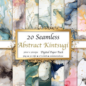 20 Kintsugi astratti senza soluzione di continuità, macchia d'inchiostro, marmo, pacchetto di carta digitale, modello senza soluzione di continuità, riparazione dorata, download istantaneo per uso commerciale