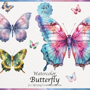 40 Clipart papillon aquarelle, papillons vibrants, fantaisiste, nature, aquarelle, téléchargement numérique de graphiques PNG, usage commercial