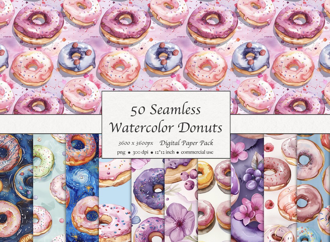 50 Seamless Watercolor Donuts Pattern, Digital Paper Pack, Food, Pastel ...