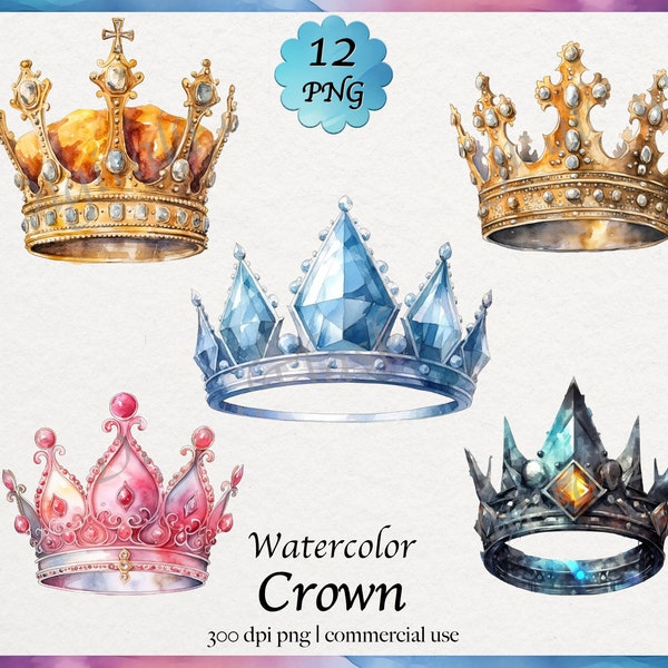 12 Watercolor Crown Cliparts, regal, royal, high resolution PNG graphics digital download, commercial use