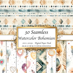 30 Naadloze aquarel boho Patroon Digitaal papierpakket, naadloos, retro, boho, herfst, aards, instant download voor commercieel gebruik