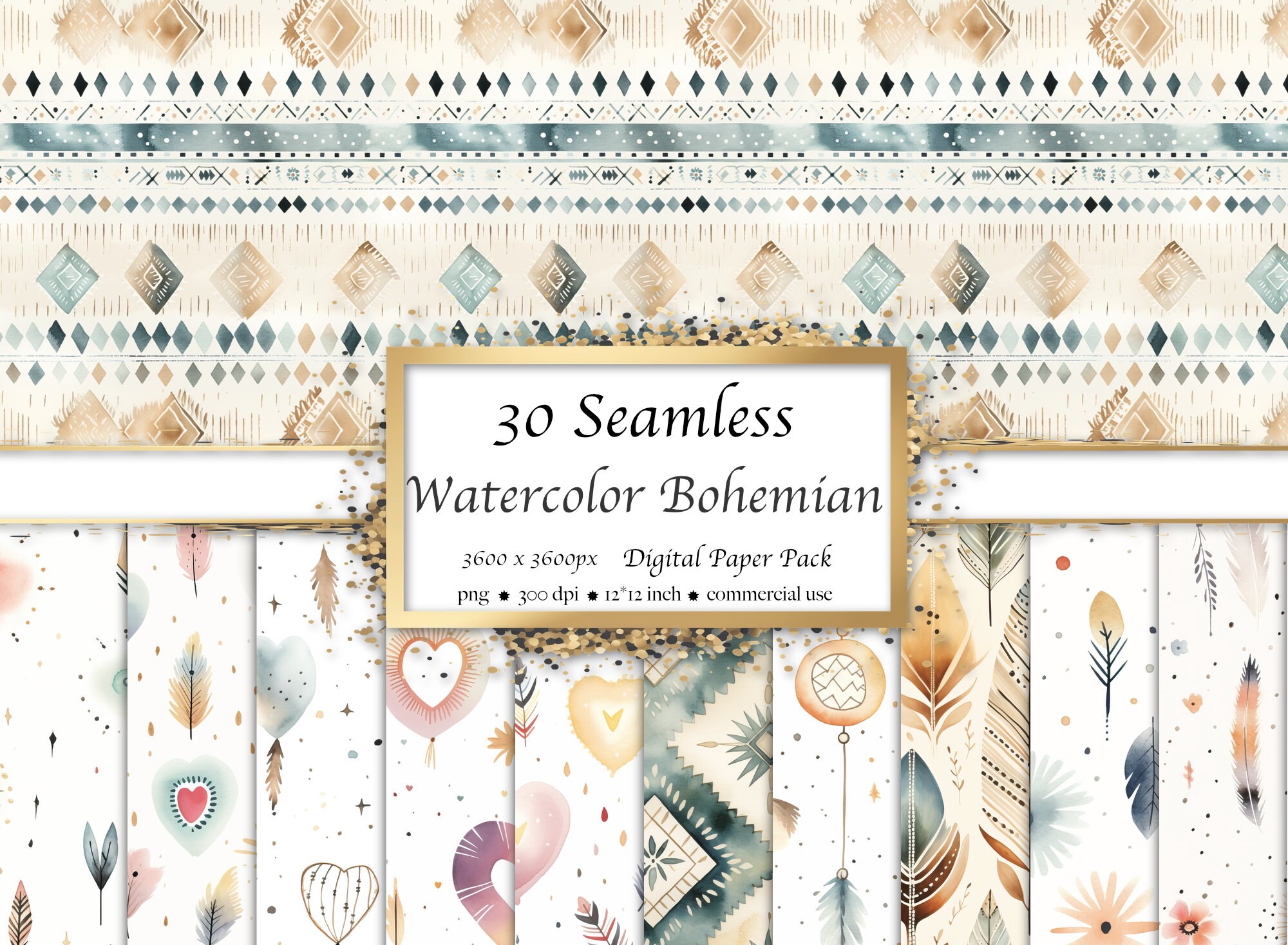 Patterned Craft Paper Boho 30 Seamless Watercolor Bohemian Pattern Digital Paper Pack, Seamless ...