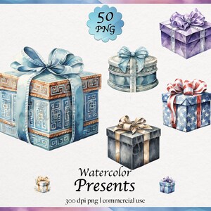 50 Aquarelle présente Clipart, boîte cadeau, emballage festif, cadeau de mariage, enveloppements colorés, téléchargement numérique graphique PNG, utilisation commerciale