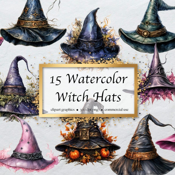 Watercolor Witch Hats Clipart Bundle of 15, Halloween, Witches, high resolution PNG graphics digital download, commercial use