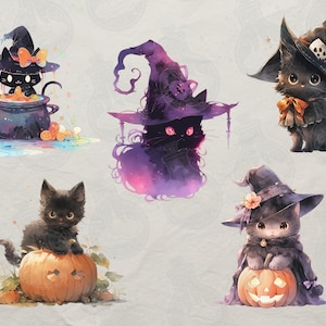 Watercolor Black Cat Halloween Clipart Bundle of 20, Witch Cat, Witch ...