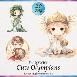 20 Watercolor Cute Olympians Clipart, Nursery Decor, Greek gods and monsters, mythical deity, PNG graphics digital download, commercial use