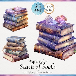 Watercolor Stack of Books Clipart Bundle of 25, Card Making, Paper Crafting, high resolution PNG graphics digital download, commercial use