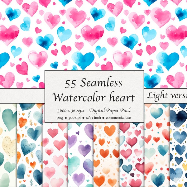 55 Seamless Watercolor heart pattern, Digital paper pack, light, love, valentine, pastel, rainbow, instant download for commercial use