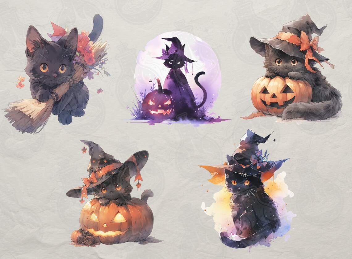 Watercolor Black Cat Halloween Clipart Bundle of 20, Witch Cat, Witch ...