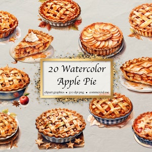20 Watercolor Apple Pie Clipart, autumn food, fall decor, cozy baking, transparent background PNG graphics digital download, commercial use