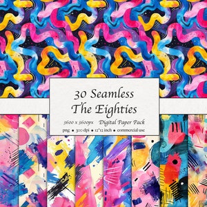 30 motif aquarelle sans couture des années 80, paquet de papier numérique, années 80, papier peint, vintage, vibrant, rétro, téléchargement immédiat pour un usage commercial