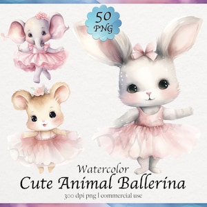 50 Aquarell niedliche Ballerina Tier Clipart, Kinderzimmer Dekor, niedliches Ballett, tanzende Baby Tiere, PNG Grafiken digitaler Download, kommerzielle Nutzung