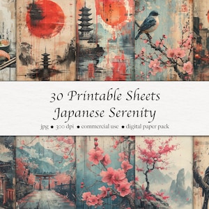 Papel Imprimible, 30 Hojas, Serenidad Japonesa, sakura, Textura Distressed, bonsai, shinto, torii, sushi, Papel digital A4