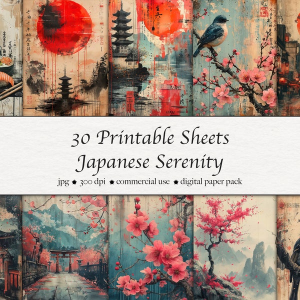 Printable Paper, 30 Sheets, Japanese serenity, sakura, Distressed Texture, bonsai, shinto, torii, sushi, Digital paper A4