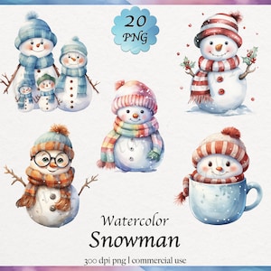 20 Watercolor Snowman Clipart, winter wonderland, Christmas decor, PNG transparent graphics, digital download, commercial use