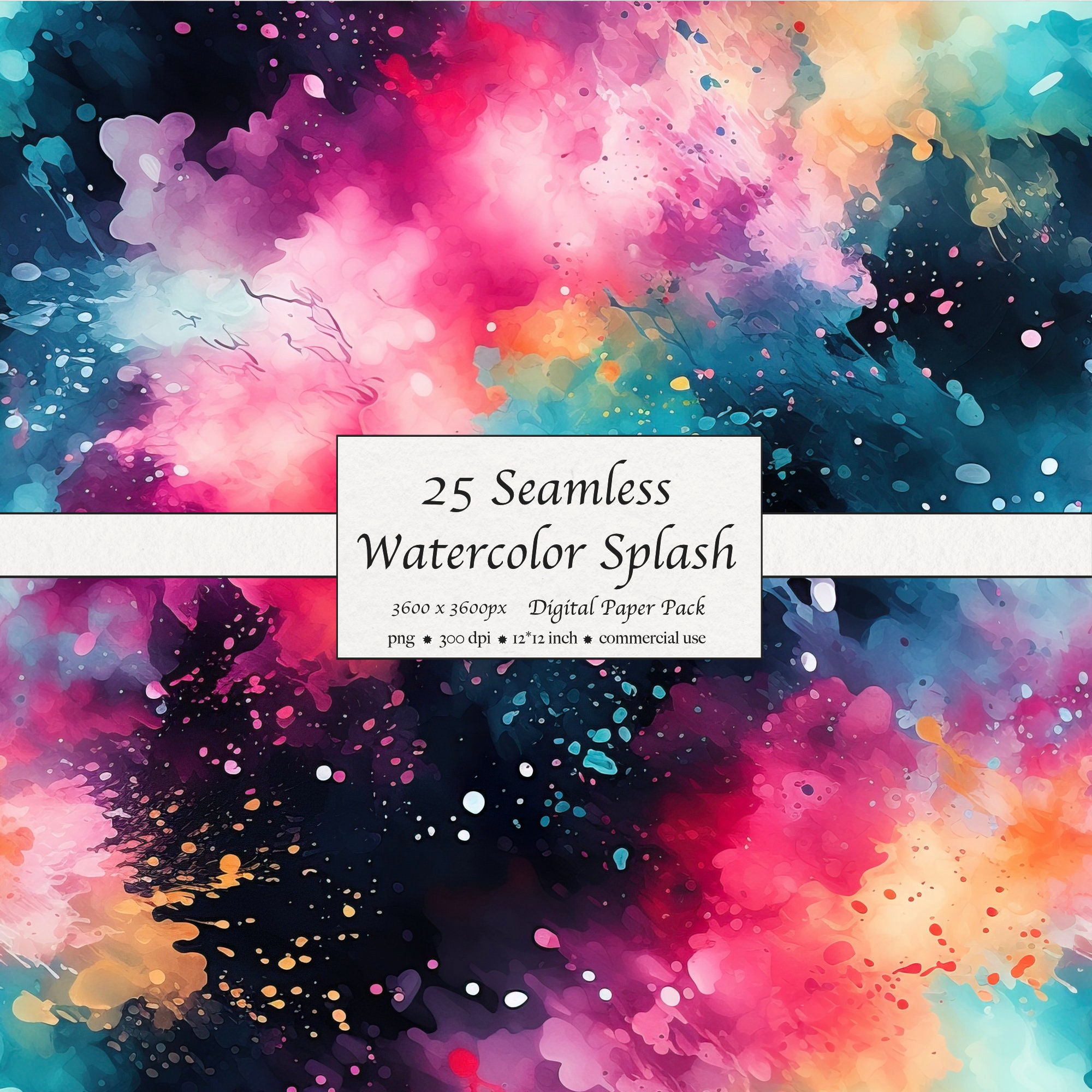 25 Seamless Watercolor Splash Pattern, Digital Paper Pack, Dark ...
