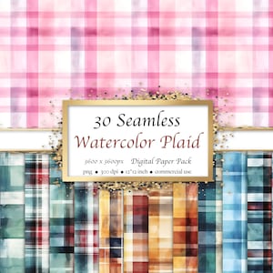 30 Seamless Watercolor Plaid pattern, Digital paper pack, vintage inspired plaid, tartan, instant download for commercial use