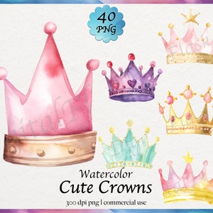 40 Linda acuarela corona clipart, lindo, real, estilo dibujado a mano, alta resolución, descarga digital de gráficos PNG, uso comercial