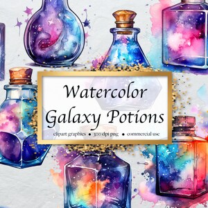 10 aquarel Galaxy Potion Clipart, hemelse, kosmische, sterrenhemel, levendige, magische drankjes, PNG grafische digitale download, commercieel gebruik