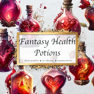 12 Fantasy Health Potion Clipart, foyer, santé, vibrant, potions magiques, PNG graphiques téléchargement numérique, utilisation commerciale