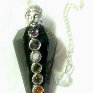 May include: A black obsidian pendulum with a silver Buddha head and seven chakra stones. The stones are amethyst, blue lace agate, clear quartz, green aventurine, citrine, carnelian, and red jasper.