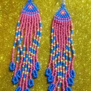 blue,  pink and yellow hand beaded tassel earrings