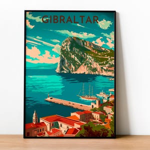 Póster Retro de Gibraltar / Ilustración de Viaje / Peñón de Gibraltar/ Rock of Gibraltar/ Descarga Digital Gran Bretaña/ Puerto de Gibraltar