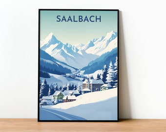 Saalbach Hinterglemm Travel Illustration, Ski in Austria Souvenir Poster, Austrian Alps and Reiterkogel Print, Snow Picture