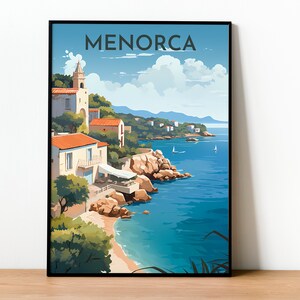 May include: A colorful illustration of a coastal town in Menorca, Spain. The image features a white building with a red roof and a bell tower, surrounded by green trees and blue water. The text "Menorca" is displayed at the top of the image.