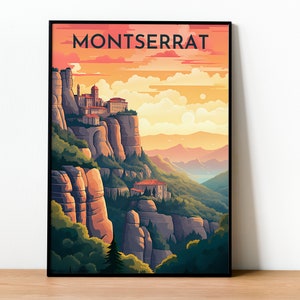 Pode incluir: Um pôster de viagem vintage com uma ilustração colorida de Montserrat, uma cordilheira na Espanha, com um mosteiro no topo da montanha. O pôster tem o texto "MONTSERRAT" no topo.