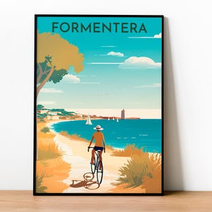 Illustrazione di viaggio dell'isola di Formentera, poster di souvenir di una bella spiaggia, stampa di paesaggi retrò della Spagna, foto del mare nelle Isole Baleari