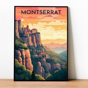 Puede incluir: Una ilustración colorida de Montserrat, una cordillera en España, con un monasterio en la cima de la montaña. La ilustración es de estilo retro con un fondo de puesta de sol.