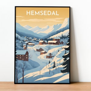 May include: Framed art print featuring a stylized winter landscape of Hemsedal, Norway. The artwork depicts snow-covered mountains, a village with brown buildings, and evergreen trees under a yellow sky. The word "HEMSEDAL" is at the top.