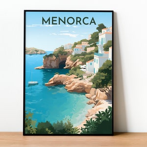 May include: A colorful illustration of a coastal town in Menorca, Spain. The image features white buildings with blue accents, a rocky coastline, and a turquoise blue sea. A small sailboat is visible in the distance.