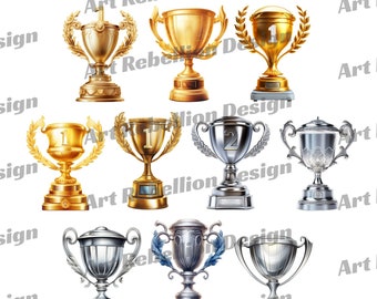 Gold and Silver Trophy Clipart - award clip art in PNG - instant download for commercial use