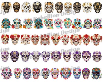 Sugar Skull Clipart Bundle | 50 Transparent PNGs | Commercial Use