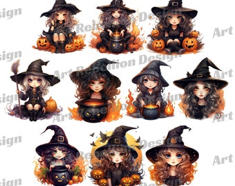 Clipart di Halloween con streghe - Immagini PNG spettrali, uso commerciale (download digitale)