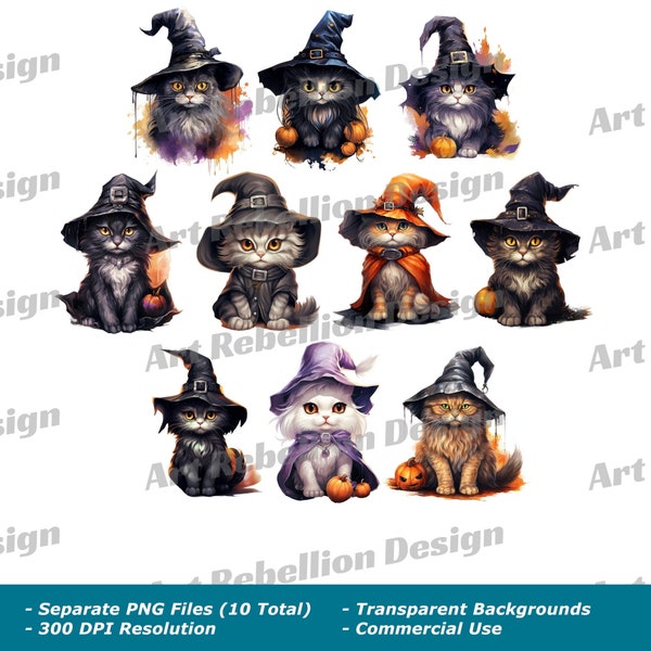 Cat in Witch Costume Clipart - cute and spooky Halloween clip art in PNG - instant download for commercial use