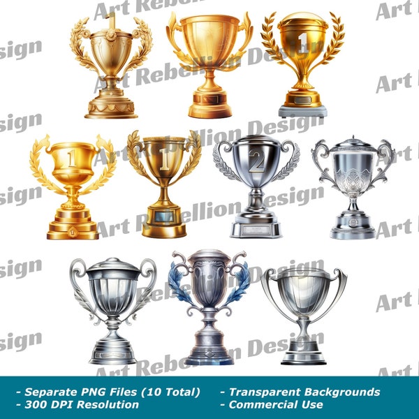 Gold and Silver Trophy Clipart - award clip art in PNG - instant download for commercial use