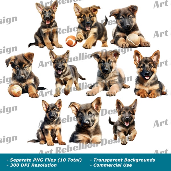 German Shepherd Puppy Clipart - cute dog clip art in PNG - instant download for commercial use