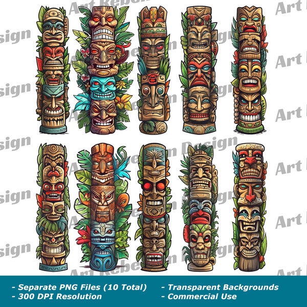 Tiki Man Totem Pole Clipart - cute tiki island totem clip art in PNG - instant download for commercial use